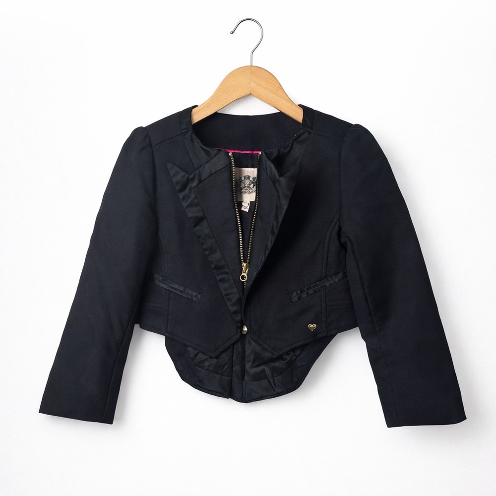 Juicy Couture Girls Black Blazer Jacket 4/5 Satin Trim Gold Zip Dressy Kids Coat